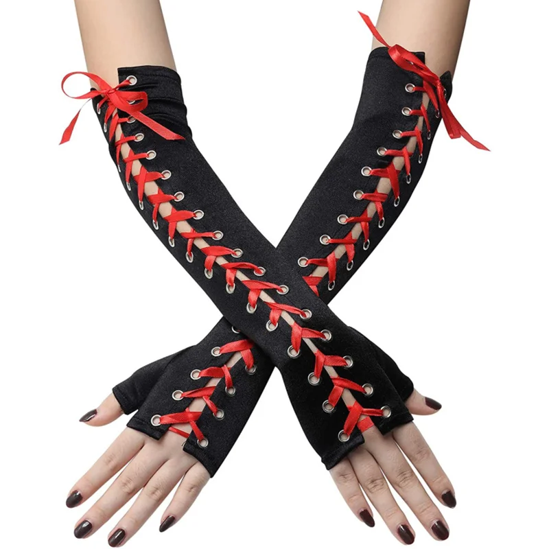 

Sexy Lingerie Lace Hollow-Out Long Gloves Elbow Length Half-finger Gloves Ribbon Fingerless Fishnet Mesh Etiquette Party Gloves