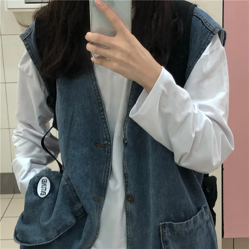 Женский джинсовый жилет в стиле Харадзюку новый стильный кардиган без рукавов