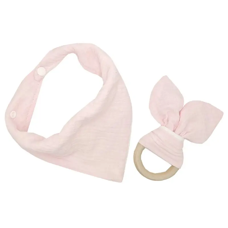 

2Pcs Baby Cotton Bib Wood Ring Pacifier Teether Set Button Triangle Scarf F3ME