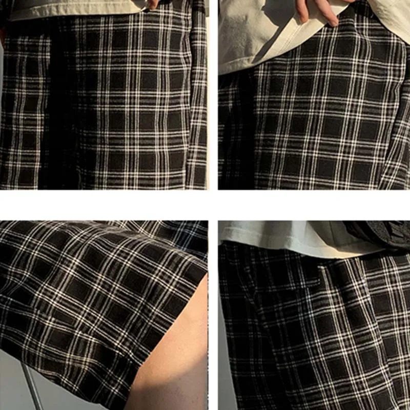 

Women Shorts Summer Wide-leg Knee-length Bottoms Harajuku Vintage Plaid Baggy BF Beach Leisure Ulzzang Stretch All-match Hipster