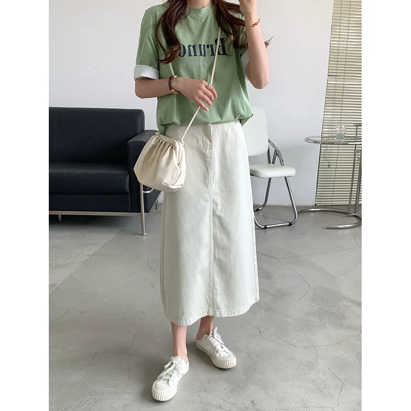 

TVVOVVIN Female Simple Mid-length Skirt 2021 Spring New Korean Solid High Waist Loose Split A-line Skirt A2A3
