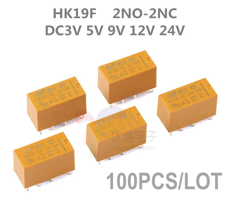 Relés de Potência tipo Pcb Pces Bobina Dpdt Pinos 2no 2nc Mini Hui ke Hk19f Hk19f-dc5v-shg Hk19f-dc12v-shg Hk19f-dc24v-shg 100 8