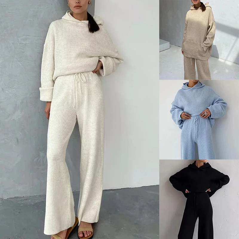 

2020 Sweater Set Women Tracksuit Spring Autumn Knitted Suits 2 Piece Set Warm Hoodies Sweater Pullovers Wide Legs Pants