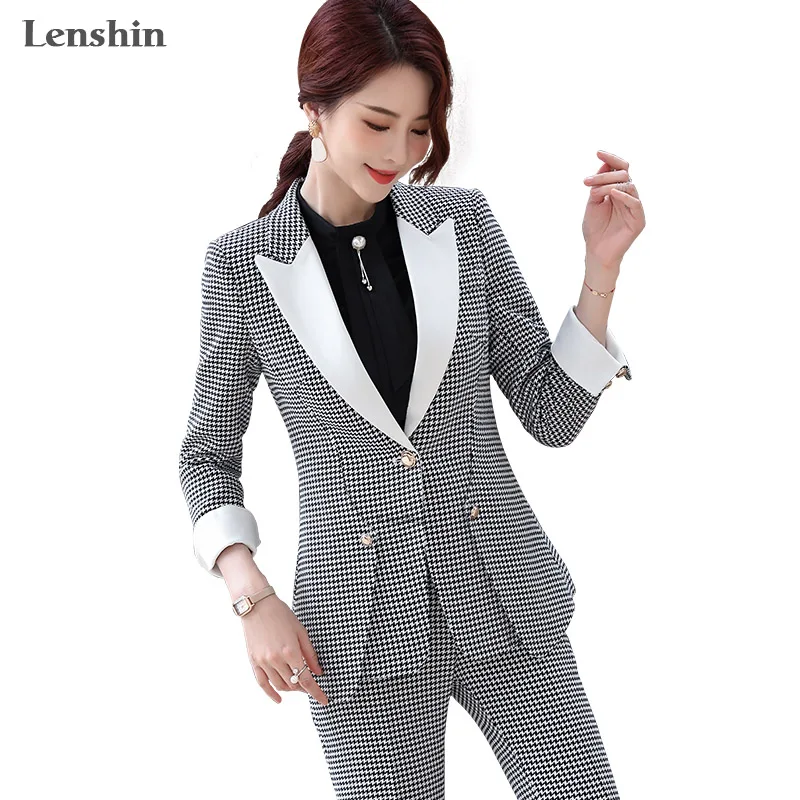 Lenshin High-quality Women Suits Two Pieces Suit Set Houndstooth Plaid Pant Suit Fashion Office Lady Blazer and Flare Trouser