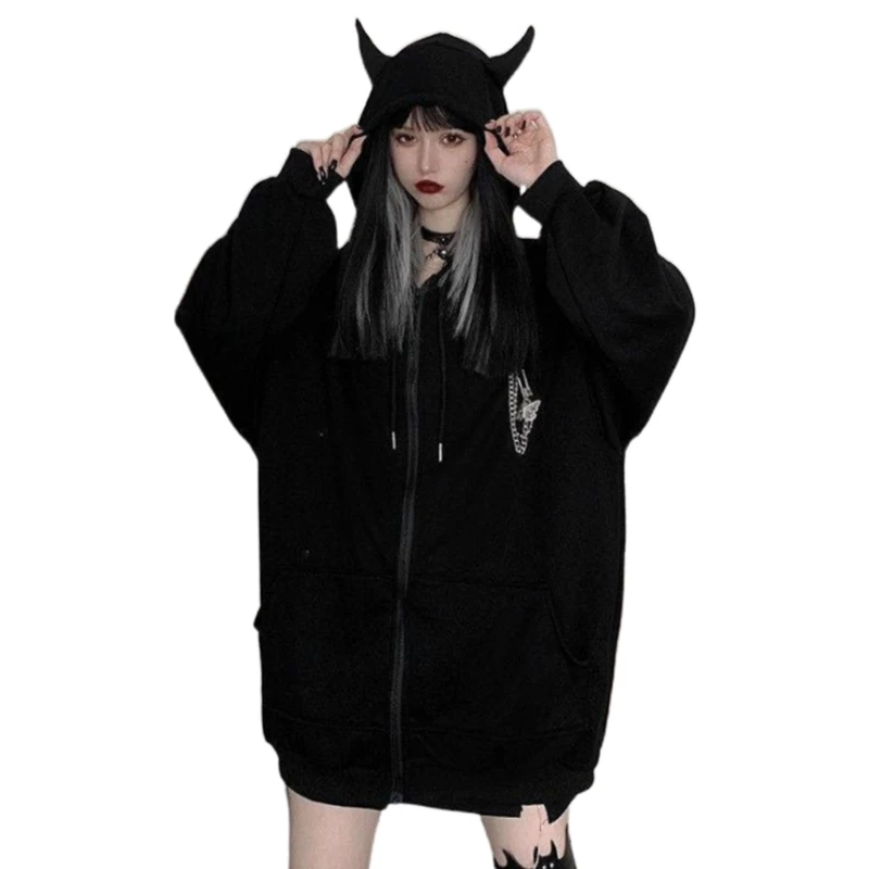 

L9BD женские черные толстовки в стиле панк с длинным рукавом куртка с дьявольскими рожками молния оверсайз Свитшот