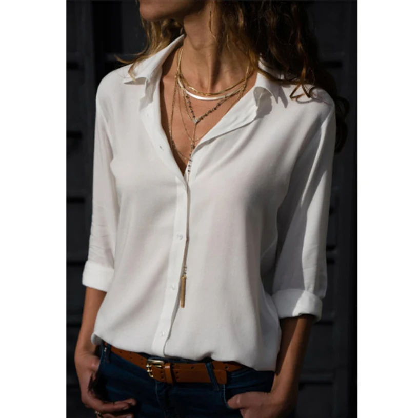 Женские белые блузки основные продажи Однотонная футболка на пуговицах для