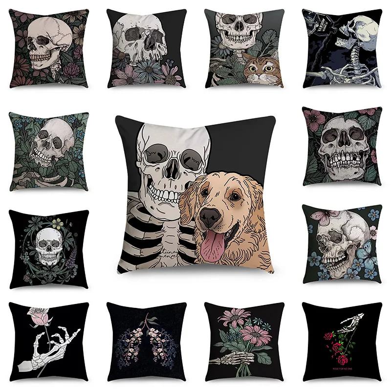 

Halloween Skull Single Side Printed Pillowcase Butterfly Floral Back Decorative Cushion Cover Vintage Sofa Car Chair Home