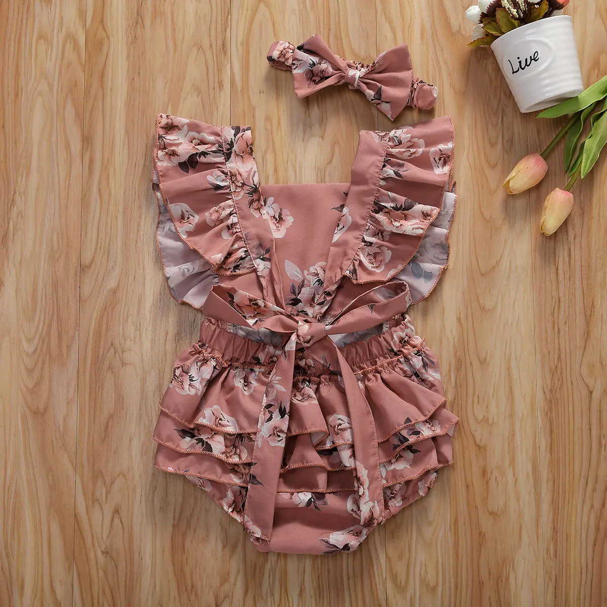 

0-24M Newborn Baby Girl Romper Headband Outfit Toddler Infant Sunsuit White Flower Print Romper For Newborn Girls Jumpsuit