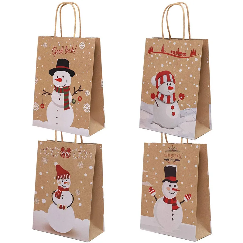 

5pcs Merry Christmas Party Bags Kraft Brown With Handle Snowman Christmas Paper Candy Bag Birthday Wedding Party Decor
