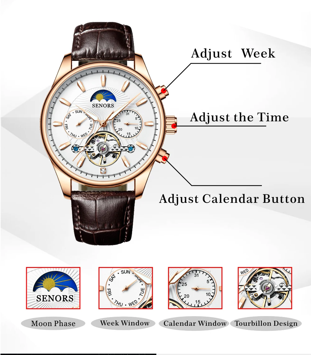 

Senors Classic Mens Retro Watches Automatic Mechanical Watch Tourbillon Clock Genuine Leather Waterproof Military Wristwatch