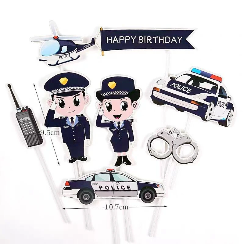 

7Pcs Happy Birthday Party Cake Topper Picks Decoration Hero Policemen Traffic Police Policewoman Male Policeman Plane Handcuffs