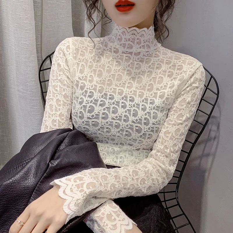 

CMAZ Blouses For Women 2021 autumn winter lace elegant inner wear shirts female tops long sleeve slim clothing