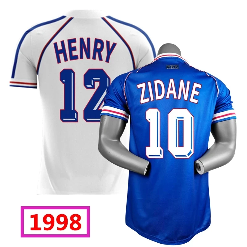 

RETRO SOCCER JERSEY 1998 HOME AND AWAY 10 ZIDANE 12 HENRY BLUE WHITE FOOTBALL SHIRTS IN STOCK