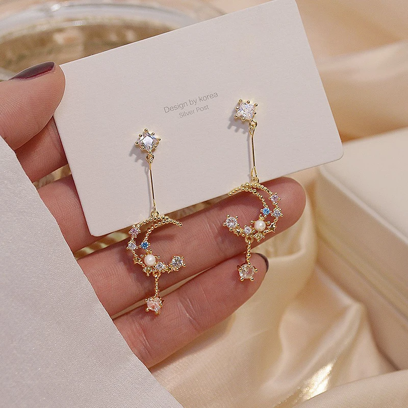 

2021 Romantic Inlaid Colorful CZ Pearl Moon Women Earring Charm 14K Real Gold Transparent Zircon Drop Earring Daily Jewelry Gift