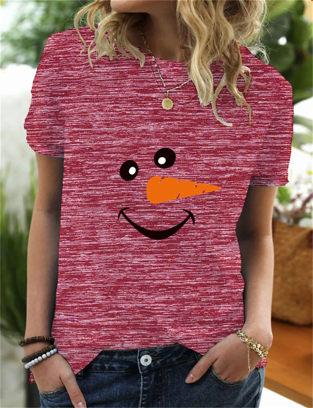 

Women's Christmas Cute Big Carrot Nose Snowman Face Loose Print Loose Short Sleeve Top Mujer Camisetas Tshirts