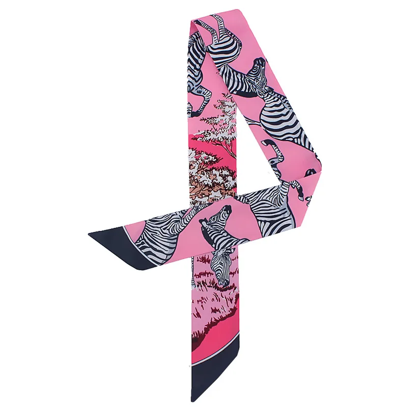 

New Spring Summer Zebra Print Twill Silk Narrow Scarves Fashion Femle Tied Bag Handle Ribbon Hair Band Head Skinny Scarf 5*85CM