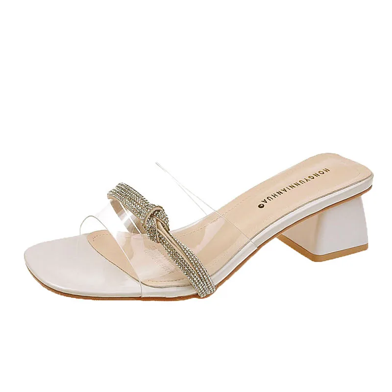 

Med Beige Heeled Sandals Fashion Womens Shoes 2021 All-Match Medium Black High Luxury Clear Comfort Girls Summer Block Rhineston