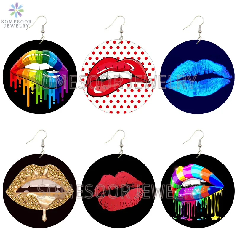 

SOMESOOR Colorful Love Lips Comic Wooden Drop Earrings Vintage 6cm Large Loops Pendant Dangle Jewelry Both Print For Women Gifts