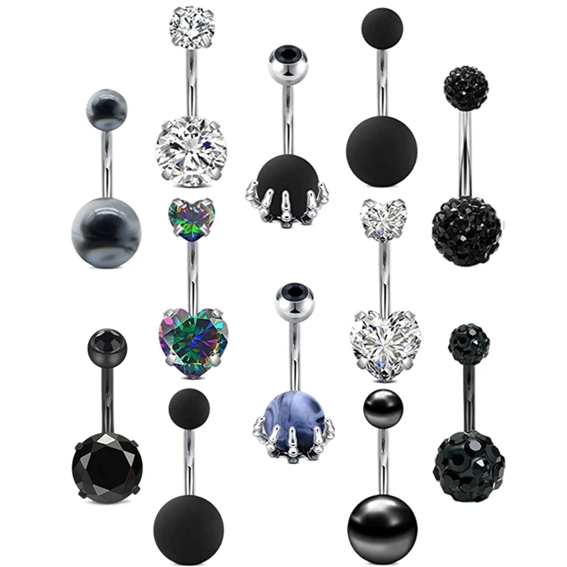 6pcs Exquisite Black Color Navel Rings Diamond Zircon Belly Button Ring 316L Stainless Steel Navel Piercing Women Body Jewelry