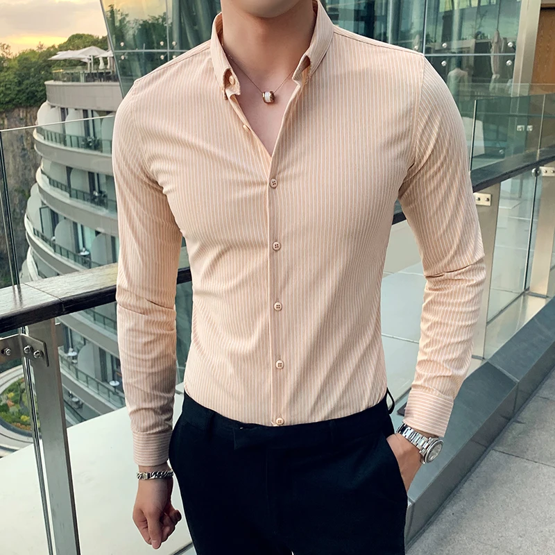 Высококачественная эластичная Мужская рубашка с длинным рукавом брендовая