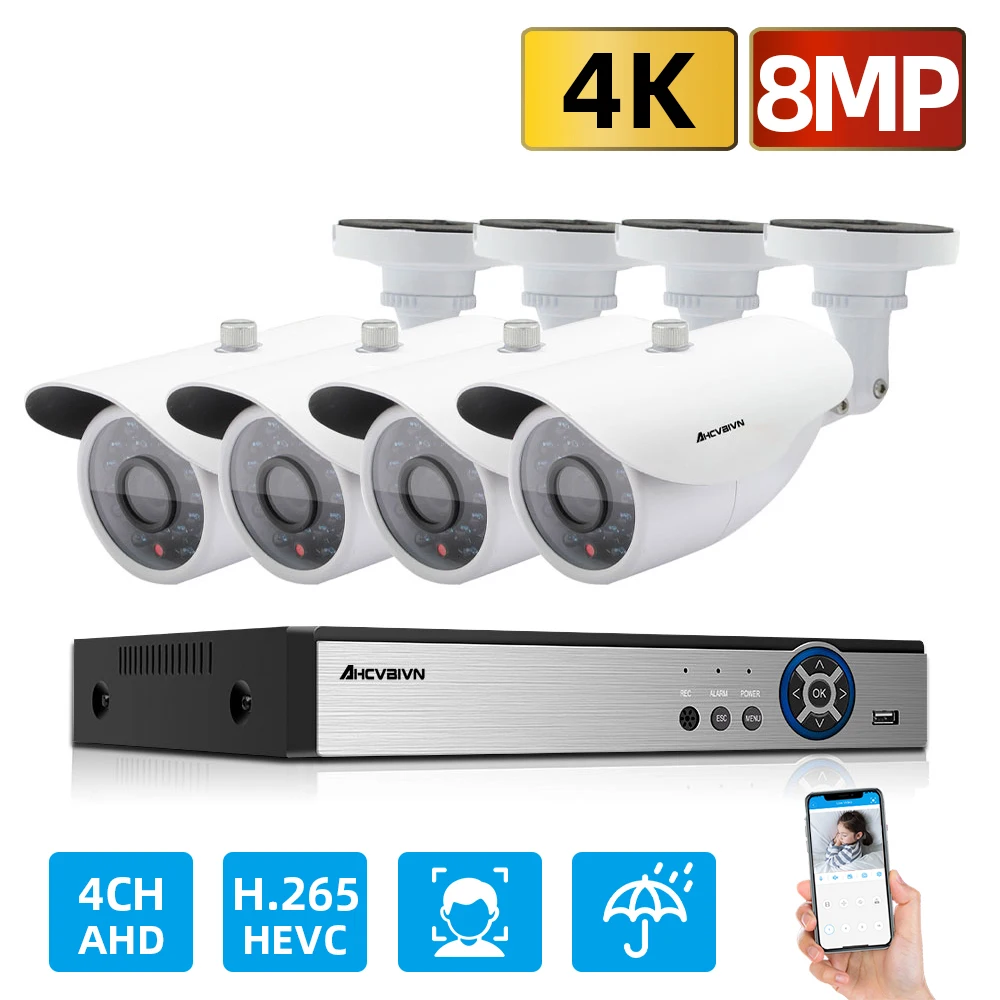

H.265 4CH 4K DVR CCTV System 8.0MP AHD Security Cameras IR Outdoor Alarm System IP66 Video Surveillance kit Motion Detection P2P