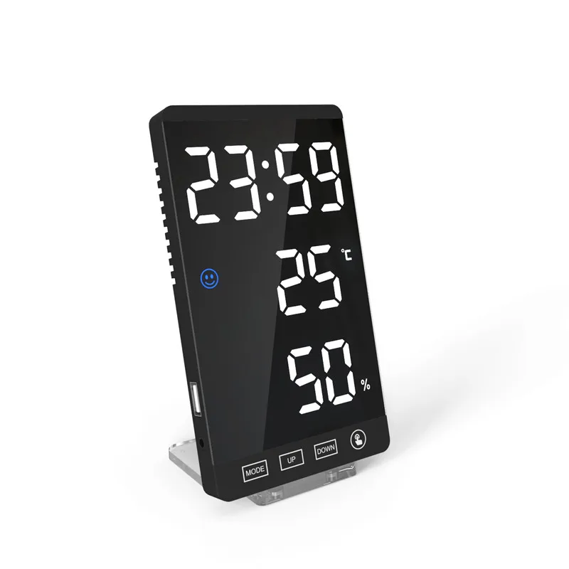 

6Inch Mirror LED Alarm Clock Touch Button Digital LED Clock Time Temperature Humidity Display With USB Cable Table Clock