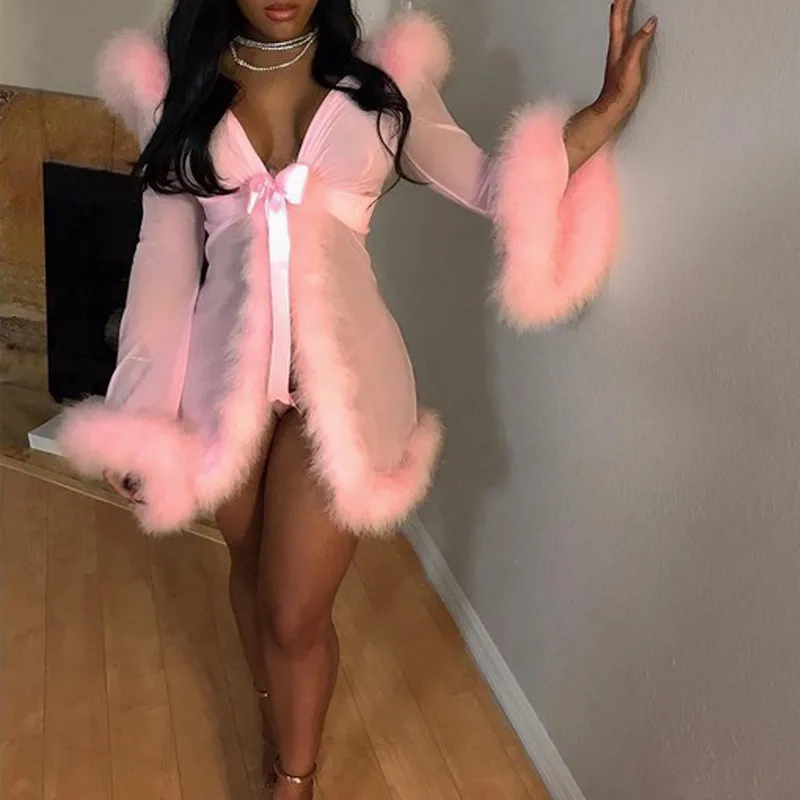 Женская сетчатая прозрачная Пижама Халат 3 шт. меховой эротический комплект