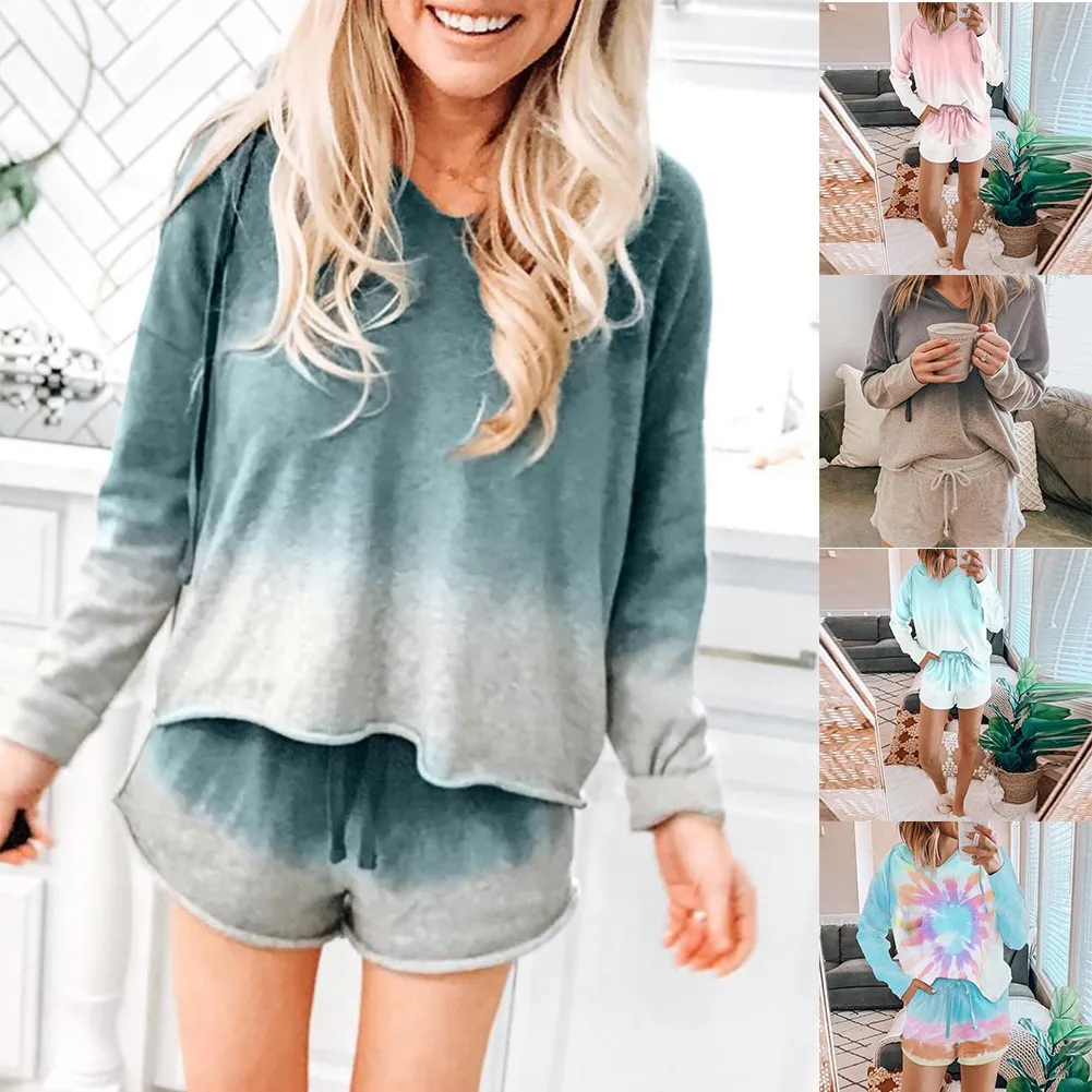 

Printed V-neck Long-sleeved Home Set Spring And Summer Two-piece Hooded Casual Women's Comfortable Elastic Waist Pajama Set 2020