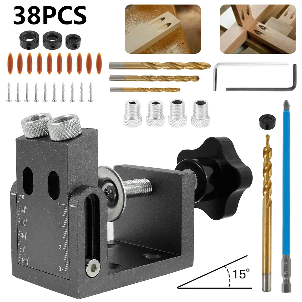 

38Pcs/Set Oblique Hole Locator Adjustable Pocket Screw Puncher Positioning 15 Degree Angle Drill Guide Jig DIY Woodworking Tool