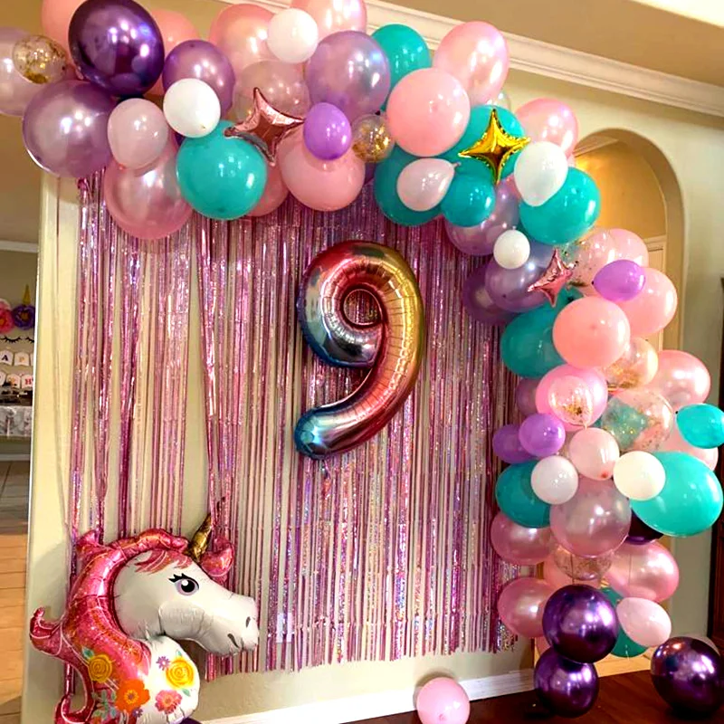 Globos de unicornio en arco para chica y ni&ntilde;os, decoraci&oacute;n de fiesta de cumplea&ntilde;os, de l&aacute;tex, 107 unidades-5