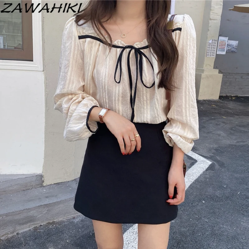 

Женская шифоновая блузка zawhiki, элегантная однотонная полосатая блузка с квадратным вырезом, милым бантом на завязках и пышными рукавами, ве...