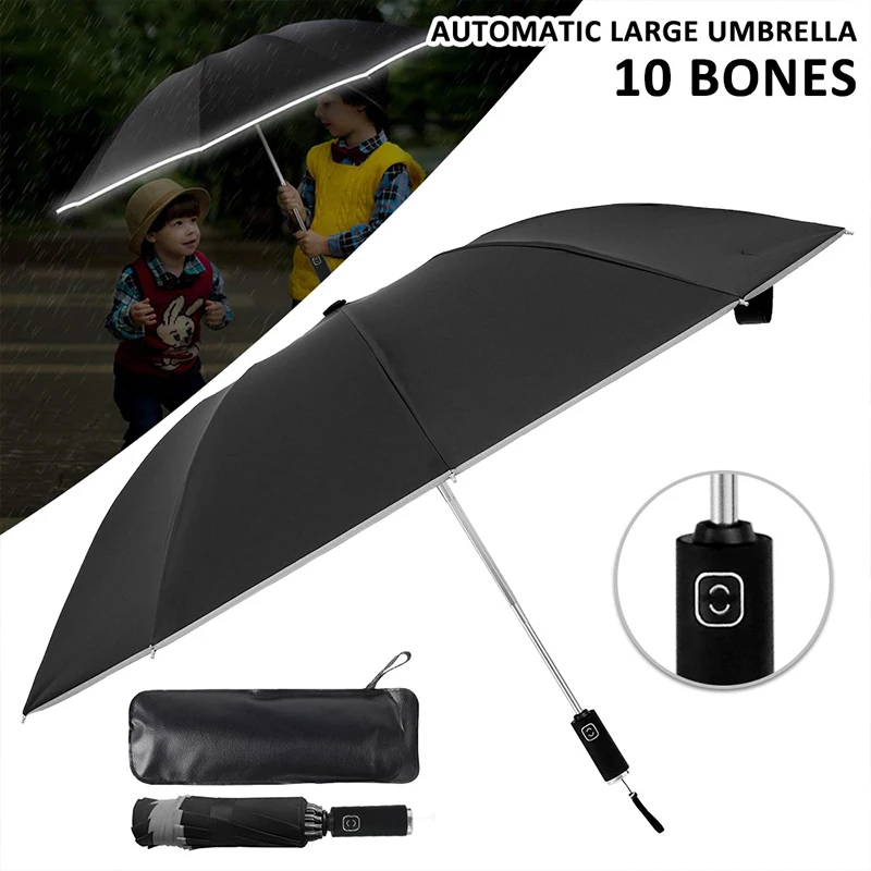 

105cm Automatic Open Close Umbrella 3 Folding Inverted 10 Ribs Large Umbrellas With Reflective Stripe Portable Folding Umbrella