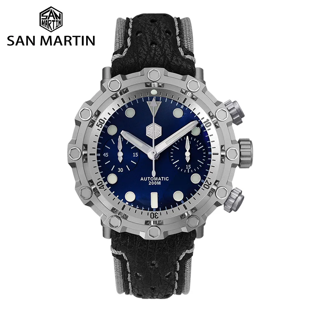 

San Martin Dive Swiss ETA 7753 Men Mechanical Watch Chronograph Titanium Grade 5 Sapphire Shark Leather Strap Automatic Watches