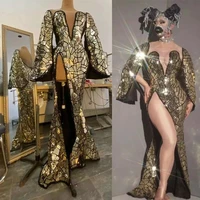 stage for singer women gold mirror sexy slit deep v neck party prom birthday long dresses nightclub host costume