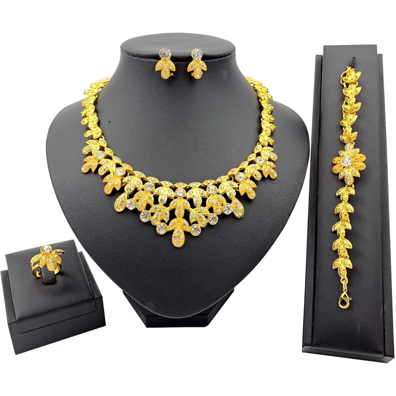 

African Fashion Jewelry Sets Women Gold Necklace Bracelet Party Leaf Shape Earrings Ring Jewelry Wedding Bridal Jewelry Set