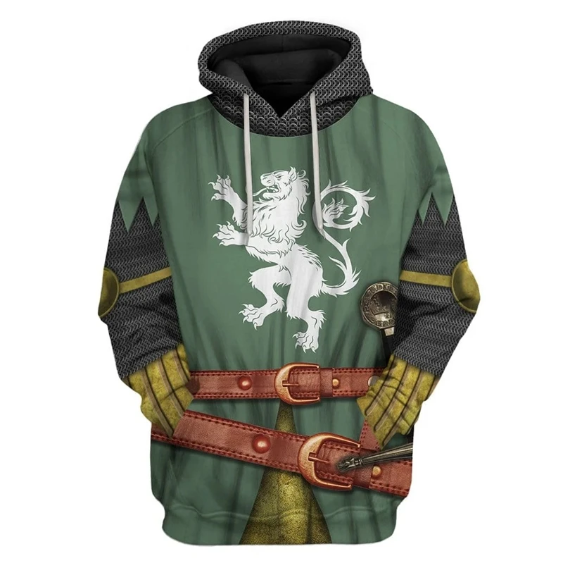 

Medieval knight Cosplay hooded Green lion Sweatshirt 3D Printed Hoodies Men Casual Armored knight Royal knight Jacket
