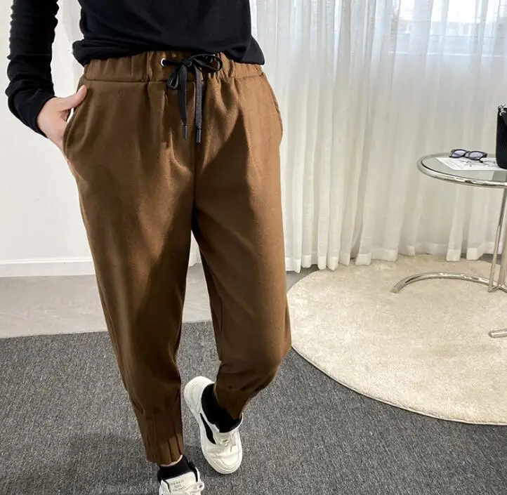 women winter woolen elastic loose high waist casual cropped trousers fashion brown long pants | Женская одежда