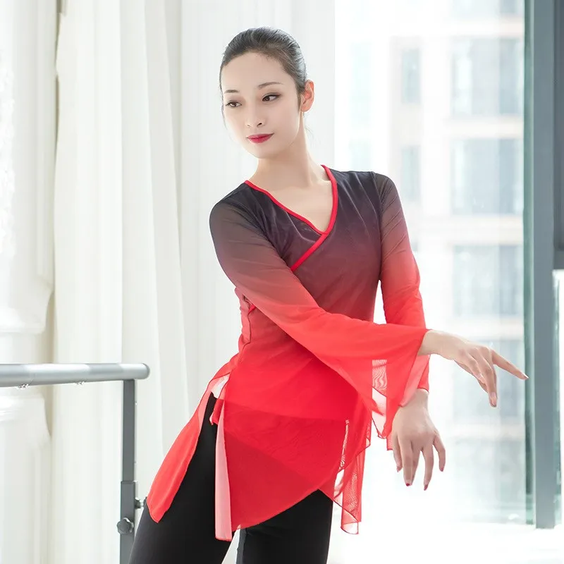 

Sexy Women's Dancewear See Through Mesh Practice Shirt V Neck Long Sleeve Top Classical Dance Clothing Gradient Color XL
