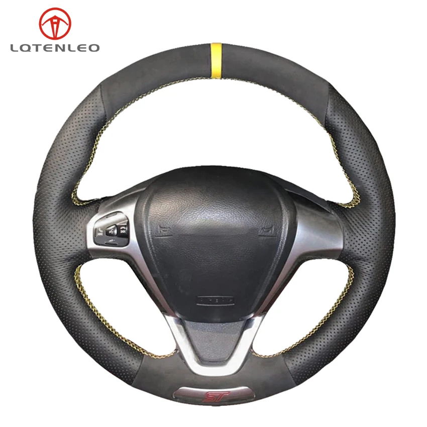 LQTENLEO Black Genuine Leather Suede Hand Sewing Car Steering Wheel Cover For Ford Fiesta ST 2012 2013 2014 2015 2016 2017 2018