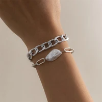 2 piece set of simple hip hop style cuban chain bracelet exquisite baroque pearl bracelet ladies jewelry best gift