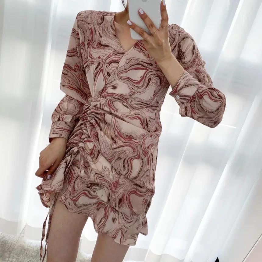

New 2021 Drawstring Print Pleated Dress Women V-Neck Long Sleeve Spring Summer Elegant Mini Short Dresses