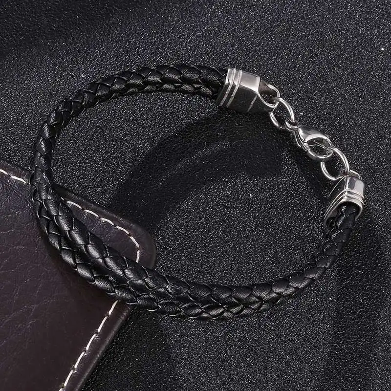 

Braided Wrap Leather Bracelets for Men Fashion Genuine Double Black Braided Leather Chain Charm Wristbands BB1091