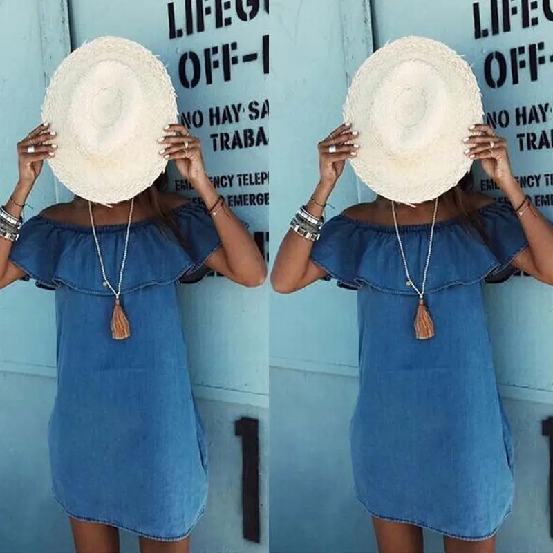 2018 Брендовое Новое модное женское платье летнее с открытыми плечами синее