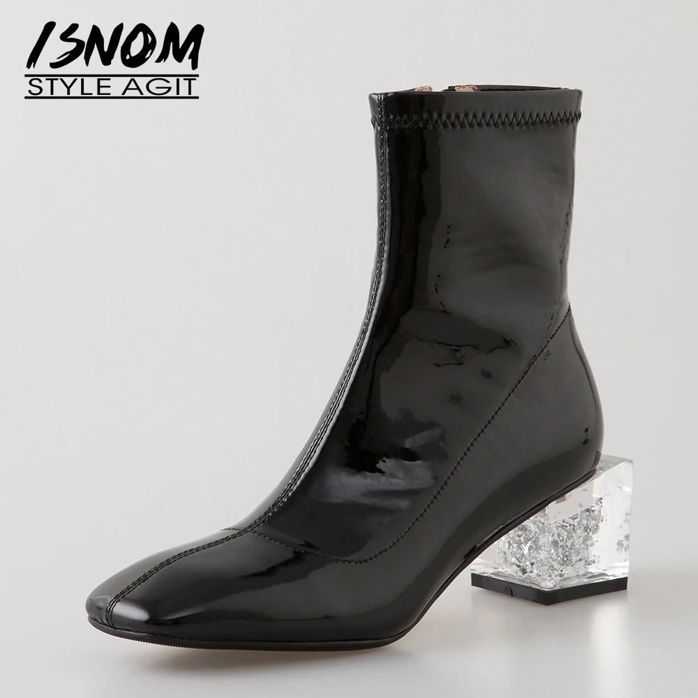 

ISNOM Patent Leather Ankle Boots Women Square Toe Crystal Heels Booties Med Heel Woman Shoes Ladies Short Boot Big Size New