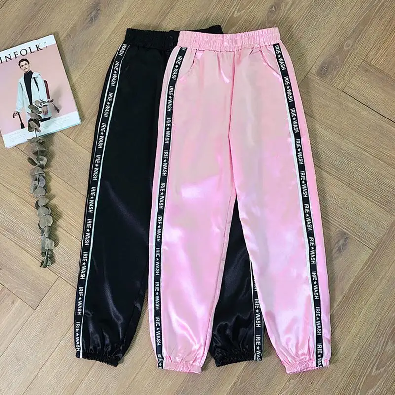 

Highlight Ribbon Summer Women Pants Bf Harajuku Glossy Big Pocket Lasperal Satin Trousers Sport