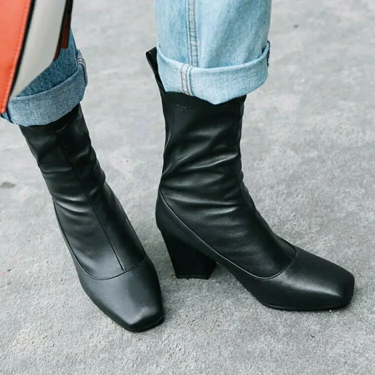 

Womens Block Heels Stretchy Ankle Boots Shoes Square Toe Pull On Casual Pumps