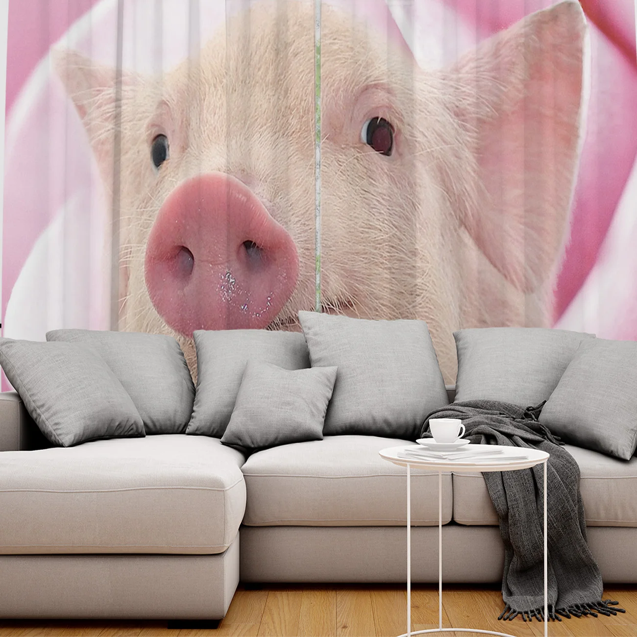 Фон с изображением маленькой розовой свиньи на цветочном окне гостиной кухни