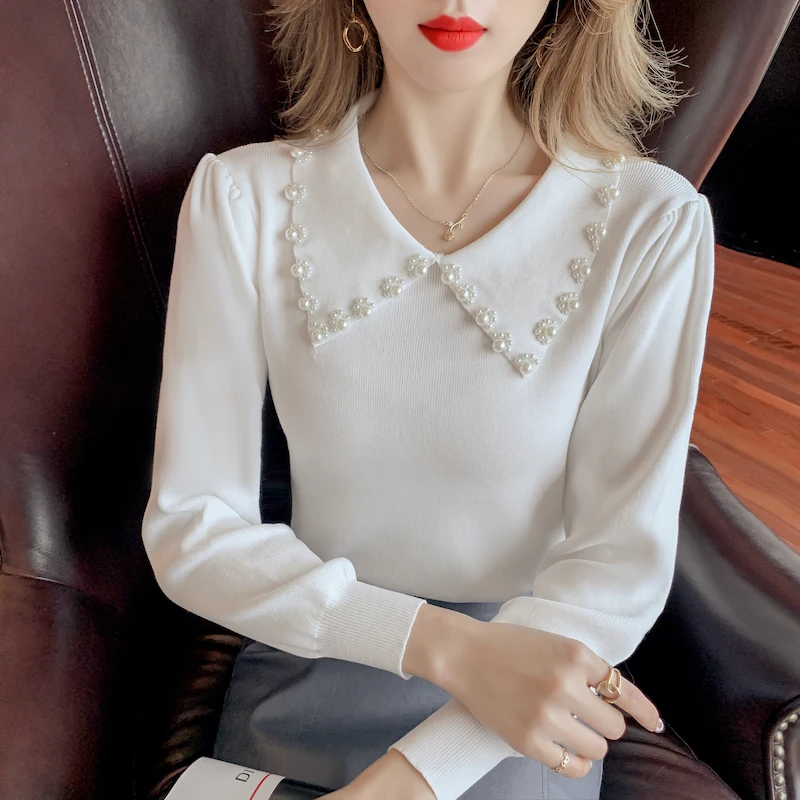 Черно-белые жемчужные модные пуловеры в Корейском стиле для женщин осень-зима 2021