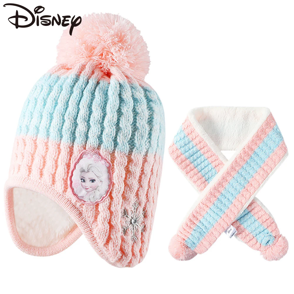 

Disney Girls Knitted Hat Scarf Two-piece Set Autumn Winter Warm Frozen Princess New Baby Hat Bright Colours Thick Hat Cute Scarf