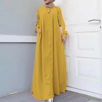 shirt dress for women 2021 autumn cotton and linen loose cardigan full sleeve maxi long dresses femme robe yellow muslim dress